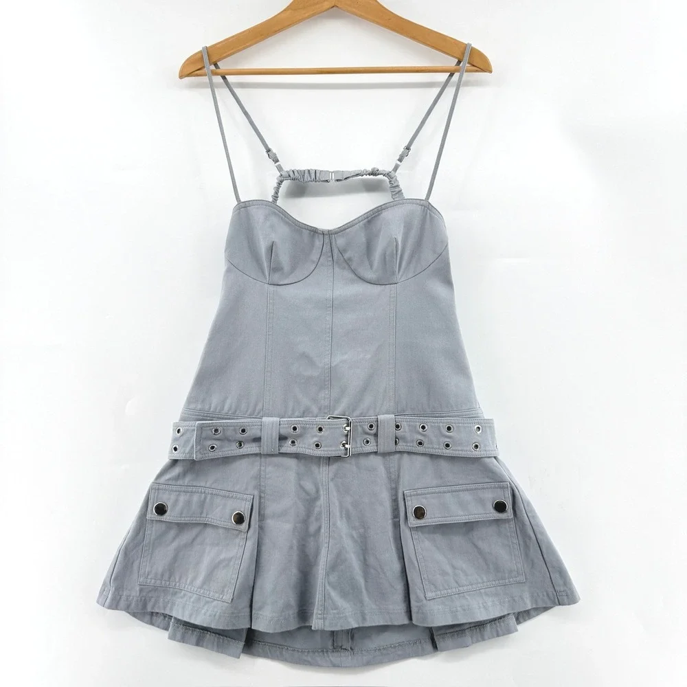 Lovers and Friends Remy Grey Mini Dress Coquette Y2K Corset Belted Pleated‎ M